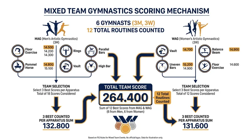How the mixed team format combines men's and women's routines into a single aggregate score.