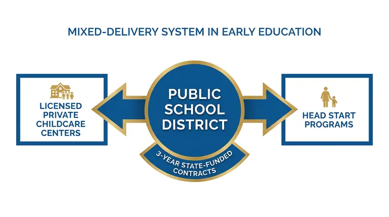 The mixed-delivery model leverages existing private childcare infrastructure to rapidly expand state-funded seats.
