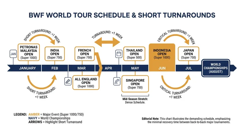 The dense BWF World Tour calendar has prompted players to manage their physical workloads more carefully.