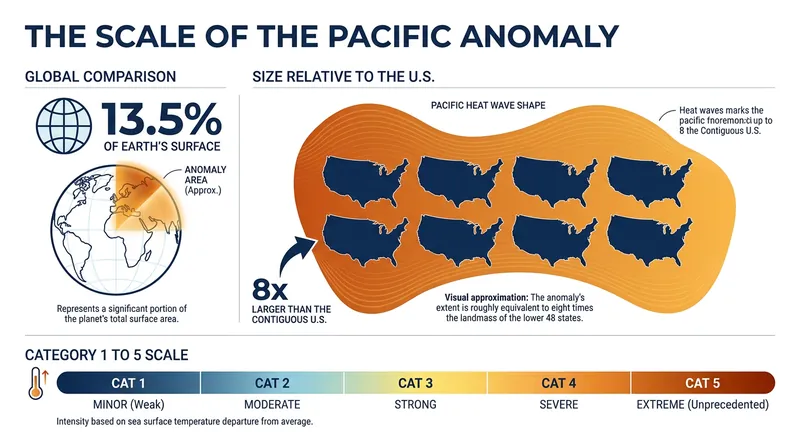 The current thermal anomaly spans from the Philippines to Peru, covering roughly 13.5 percent of the Earth's surface.