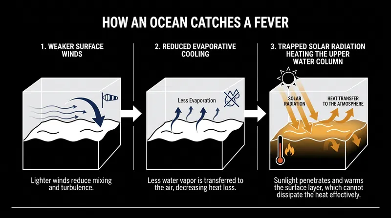 When atmospheric winds stagnate, the ocean loses its primary evaporative cooling mechanism, allowing solar radiation to heat the water.