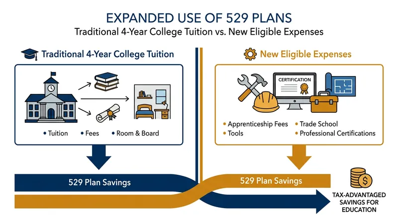 Recent legislative changes have transformed 529 plans from strict college savings vehicles into lifelong learning and career development funds.