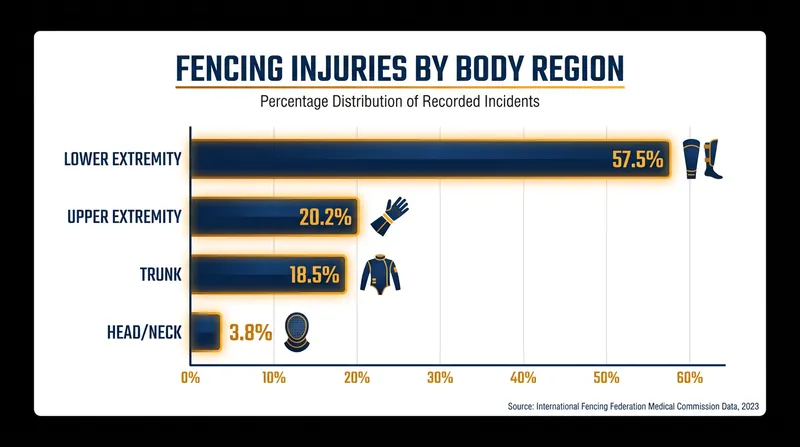 The lower extremity accounts for the vast majority of injuries among elite fencers.