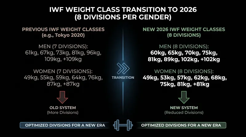 The IWF's new eight-category weight class system takes effect on August 1, 2026.