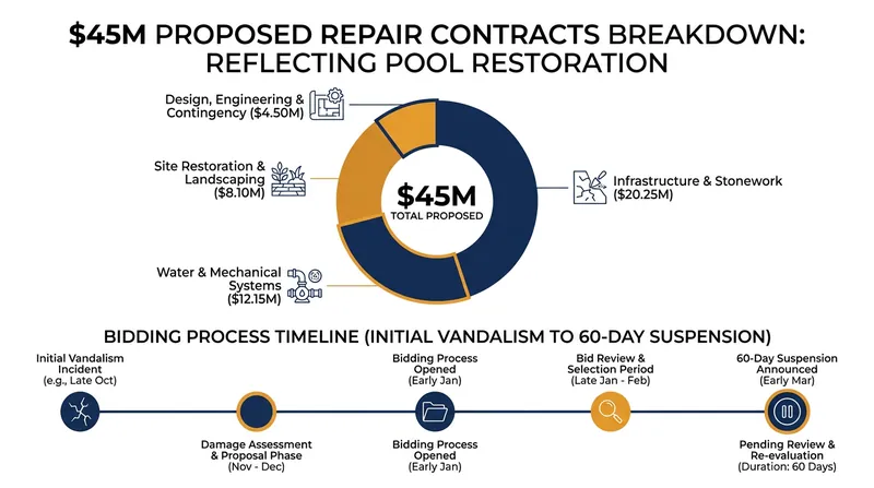 Timeline and financial breakdown of the halted Reflecting Pool repair contracts.