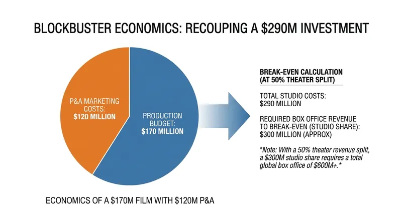 Studios must account for marketing costs and theater revenue splits, pushing the break-even point far beyond the production budget.