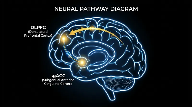 Mechanism of Action: The device targets the DLPFC on the brain's surface, which acts as a neural relay switch to calm the hyperactive sgACC deep within the brain.