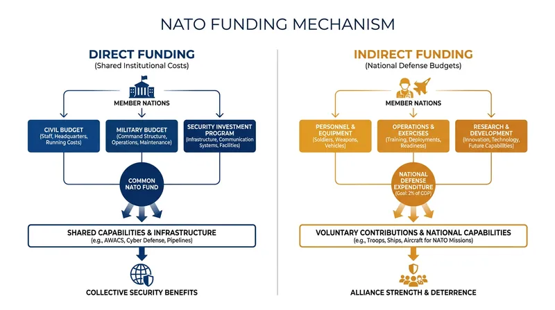 How NATO is funded: The difference between shared institutional costs and national defense budgets.