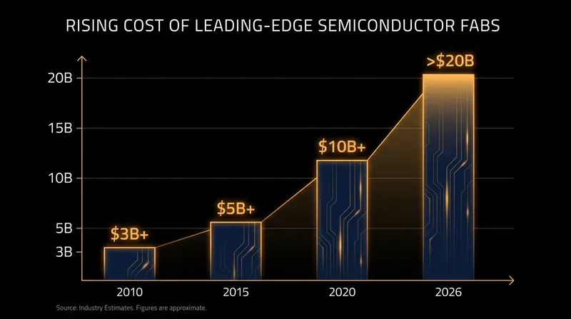 The capital required to build a single leading-edge semiconductor fab has surged past $20 billion.