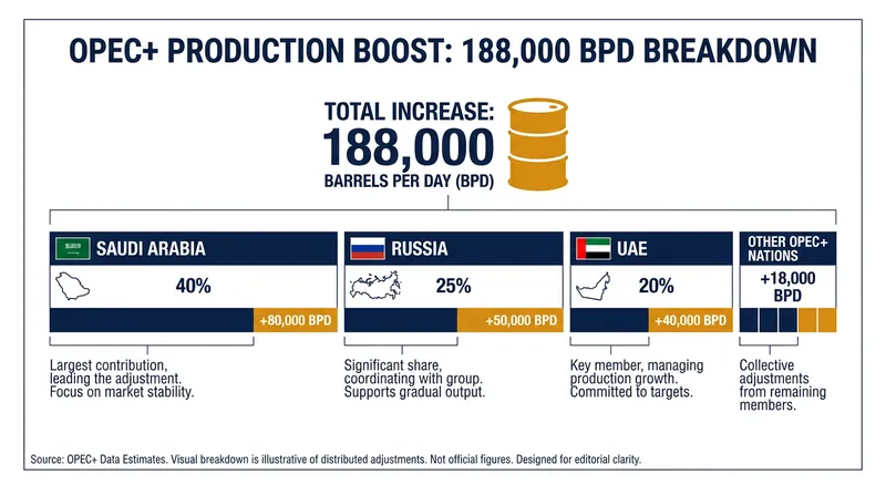 How the 188,000 bpd August production increase is distributed among key OPEC+ members.