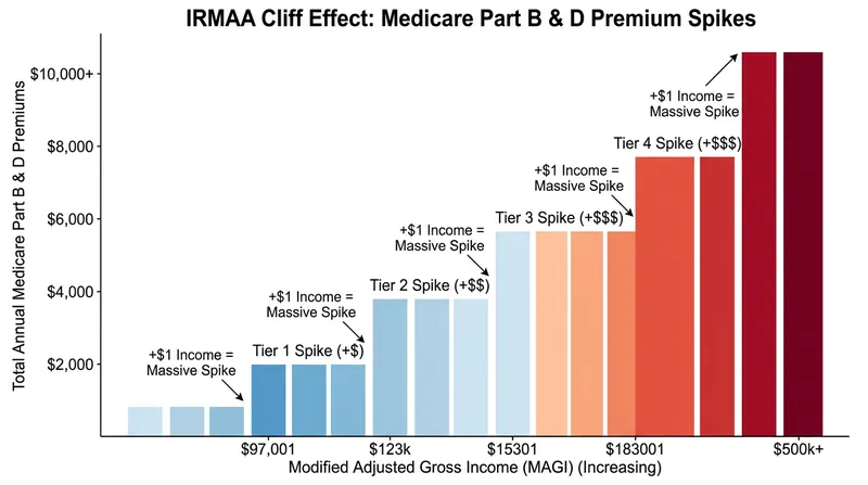 Unlike progressive tax brackets, Medicare IRMAA surcharges operate as strict cliffs.