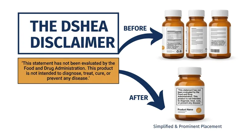 The exact text of the mandatory DSHEA disclaimer remains unchanged, but its required placement has been streamlined.
