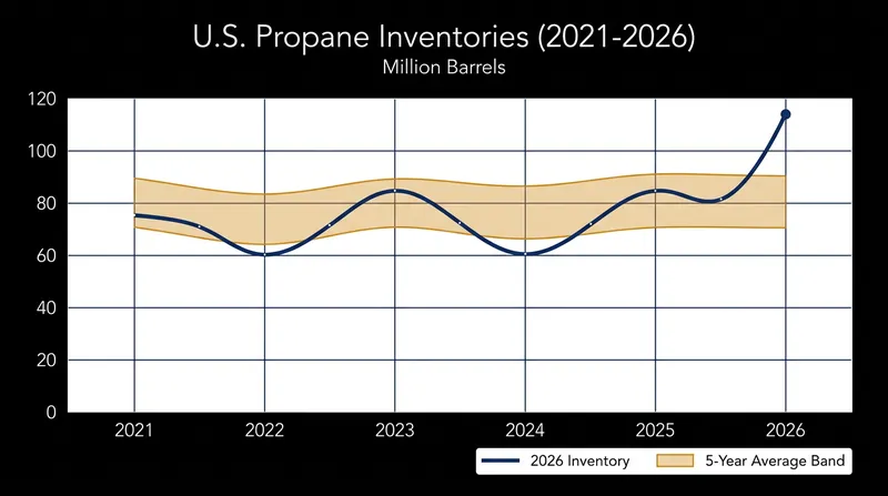 U.S. propane stockpiles have surged past 100 million barrels, well above the five-year average.