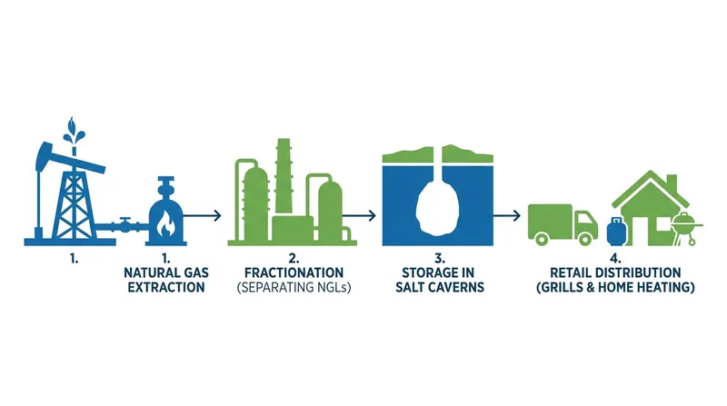Propane is primarily generated as a byproduct of natural gas processing and crude oil refining.