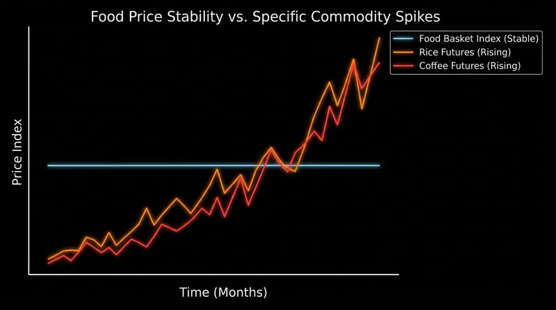 While specific crops face pressure, broader food indices remain stable due to substitution and reserves.