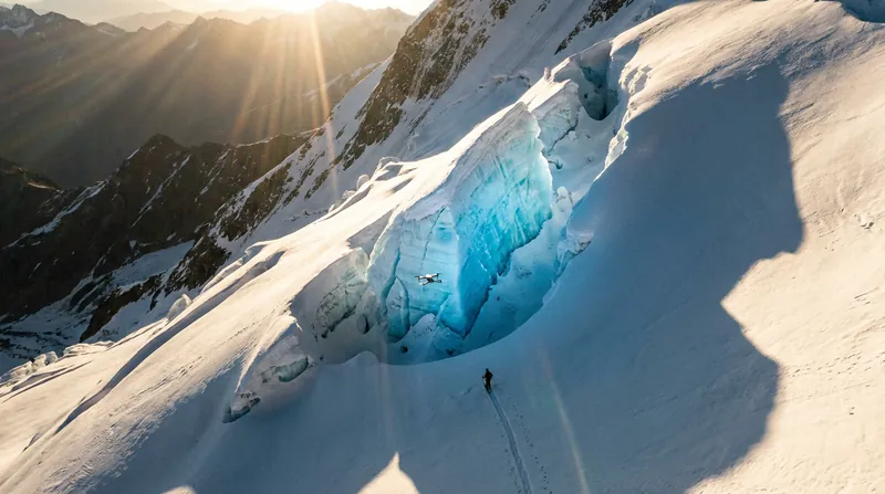 Specially modified drones piloted by Bartek Bargiel scouted the shifting ice falls to find a safe ski line.
