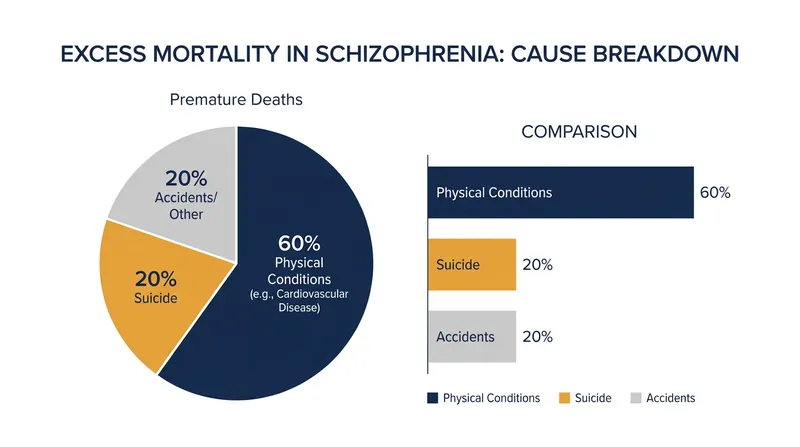 Physical comorbidities, not psychiatric crises, drive the majority of premature deaths in severe mental illness.