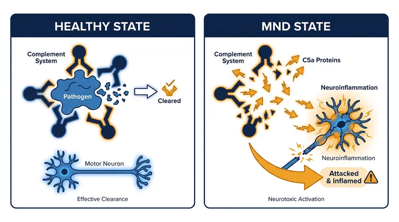 In MND, the immune system's complement cascade goes rogue, actively attacking motor neurons.