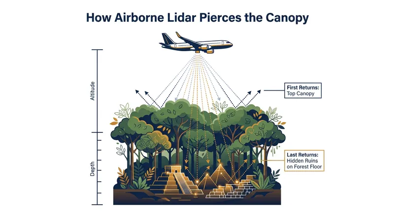Light Detection and Ranging (Lidar) uses millions of laser pulses to map the bare earth beneath dense vegetation.