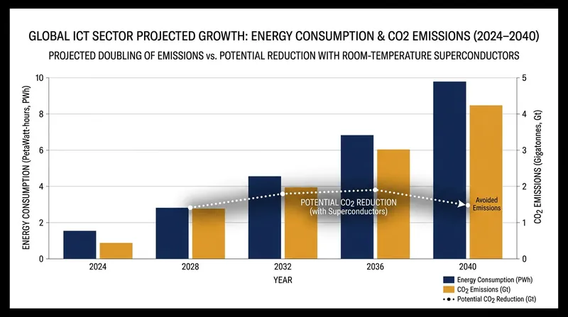 Room-temperature superconductors could neutralize the massive thermal energy waste currently projected to double ICT emissions by 2040.