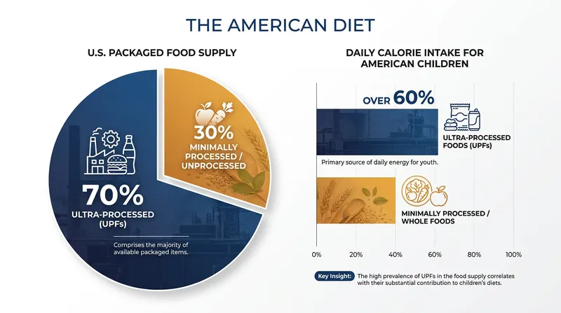 Ultra-processed foods dominate the modern American food supply and caloric intake.