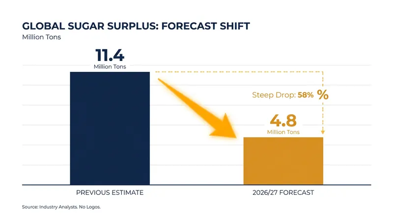 The USDA has slashed its global sugar surplus forecast by 57 percent for the 2026/27 season.