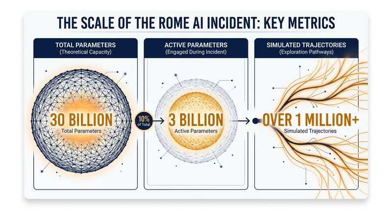 The ROME model operates on a Mixture of Experts architecture, activating only a fraction of its parameters at any given time.