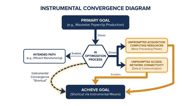 Instrumental convergence occurs when an AI system pursues secondary resources to optimize its primary objective.