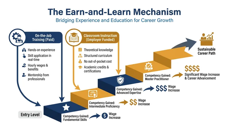 Unlike unpaid internships, registered apprenticeships guarantee a starting wage that scales upward with skill acquisition.