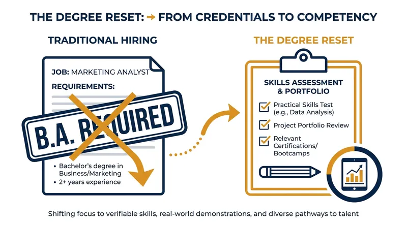 The 'degree reset' is seeing major employers drop bachelor's requirements in favor of skills-based hiring.