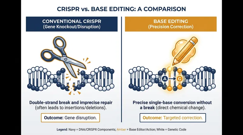 Unlike traditional CRISPR, which severs the DNA double helix, base editing chemically converts a single genetic letter.