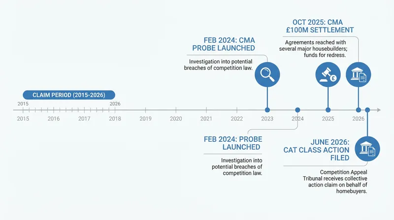 Timeline of regulatory probes and legal actions targeting the UK housebuilding sector.