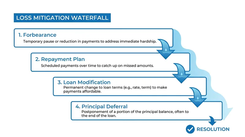 Mortgage servicers are legally required to guide borrowers through a loss mitigation waterfall before foreclosing.