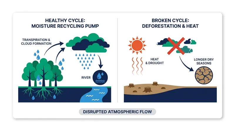 The Amazon generates up to half of its own rainfall. Deforestation and heat disrupt this critical moisture recycling system.