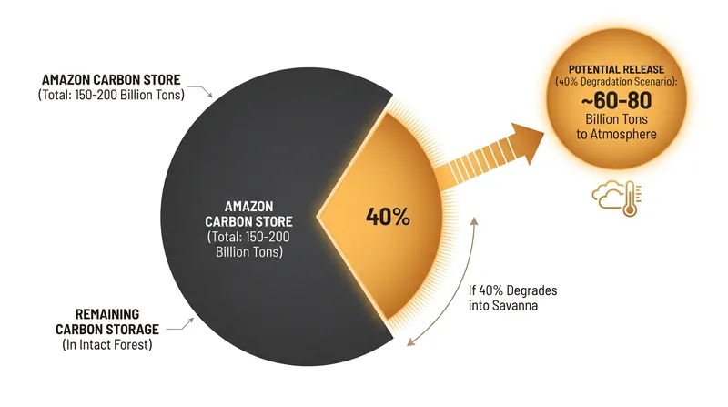 A large-scale dieback would release billions of tons of stored carbon, severely complicating global climate targets.
