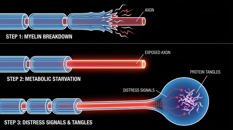 When the protective myelin sheath degrades, the metabolically starved axon sends distress signals that trigger toxic protein aggregation.