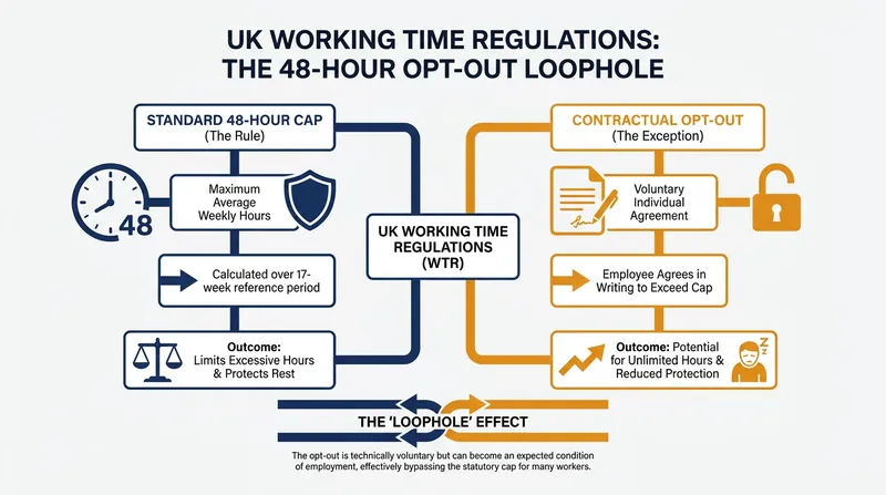 How the UK's Working Time Regulations opt-out is allegedly used to enforce overtime.