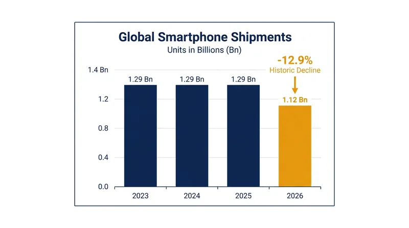 Global smartphone shipments are forecast to plunge to 1.12 billion units in 2026, the steepest decline in industry history.