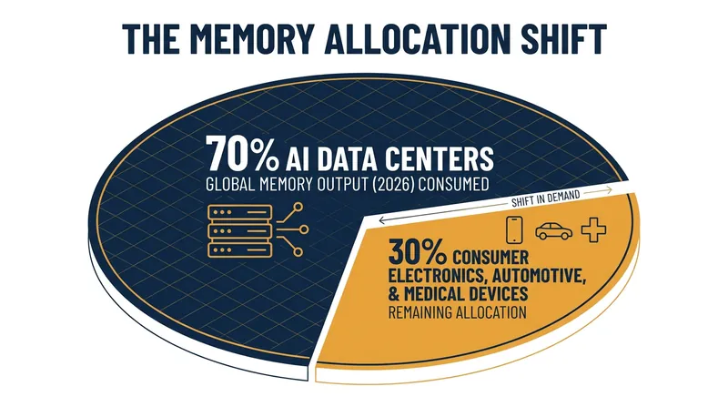 Data centers are projected to consume up to 70% of global memory output by the end of 2026.