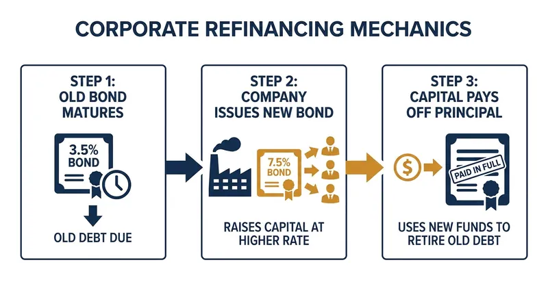 The Refinancing Mechanism: Companies issue new debt at current market rates to retire expiring obligations.