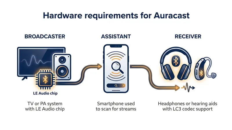 The Auracast ecosystem requires compatible silicon across the broadcaster, the assistant device, and the receiver.