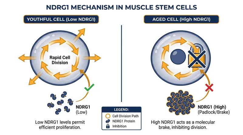 How the NDRG1 protein acts as a biological brake on muscle stem cell proliferation.