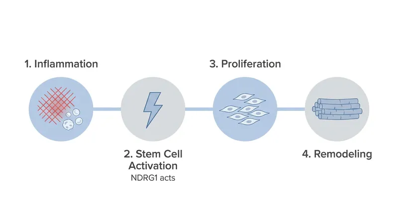 The stages of muscle repair, highlighting where the NDRG1 protein interrupts the healing cascade.