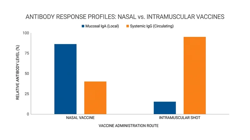 Unlike traditional shots, the nasal spray induces high levels of localized IgA antibodies in the upper respiratory tract.