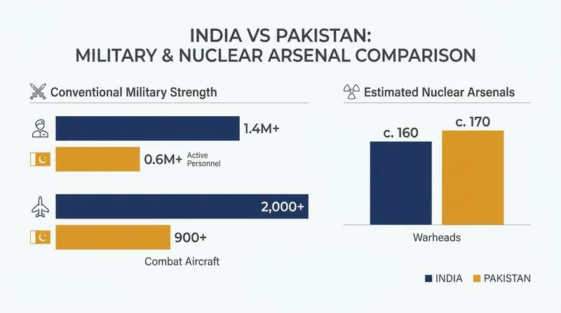 Both nations possess substantial conventional forces and an estimated combined arsenal of over 300 nuclear warheads.