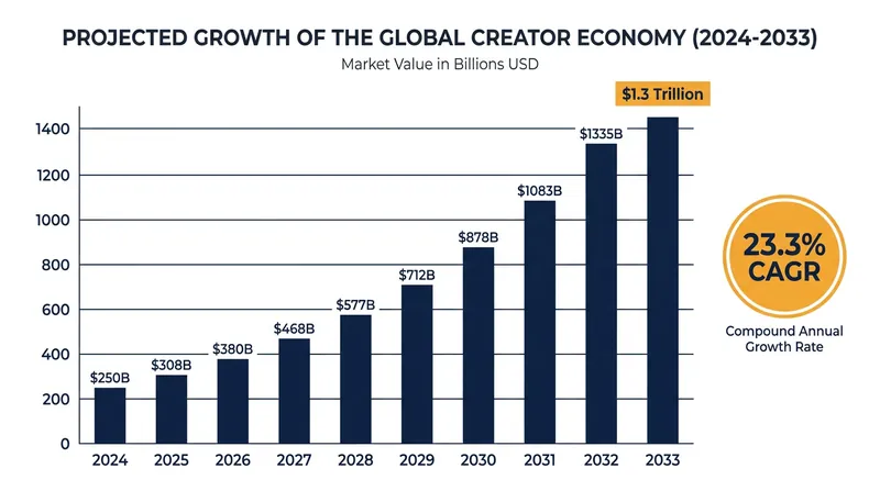 Industry analysts project the creator economy will reach $1.3 trillion by 2033.