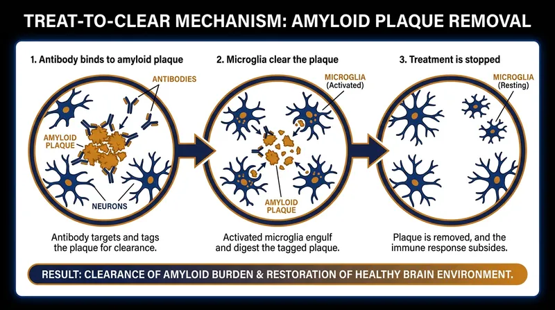 The treat-to-clear paradigm allows patients to cease therapy once the target pathology is removed from the brain.
