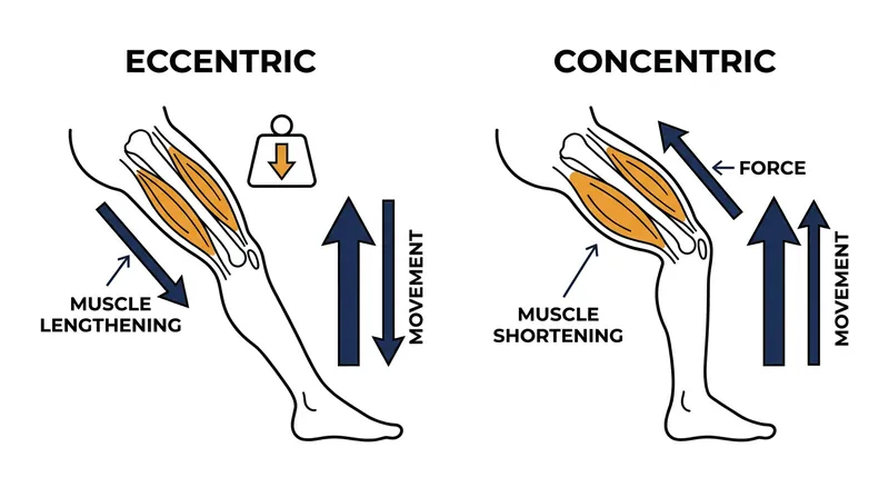Eccentric contraction occurs when a muscle lengthens under tension, such as during the lowering phase of a lift.