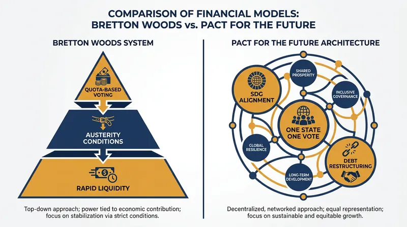 A structural comparison of the legacy post-war financial order and the UN's proposed multilateral reforms.
