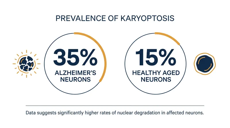 Karyoptosis is significantly more prevalent in the frontal cortex of Alzheimer's patients compared to healthy individuals.